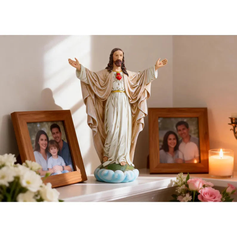 9-handmade sacred heart of jesus statue with picture frame