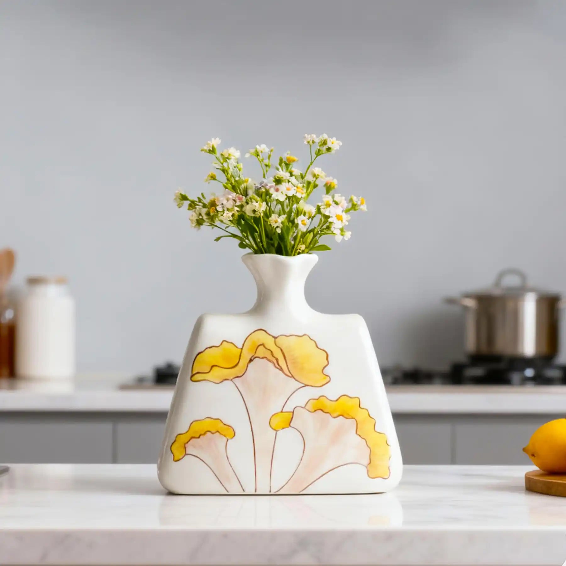 Unique White Ceramic Vases with Hand-Printed Yellow Flowers (display 11)