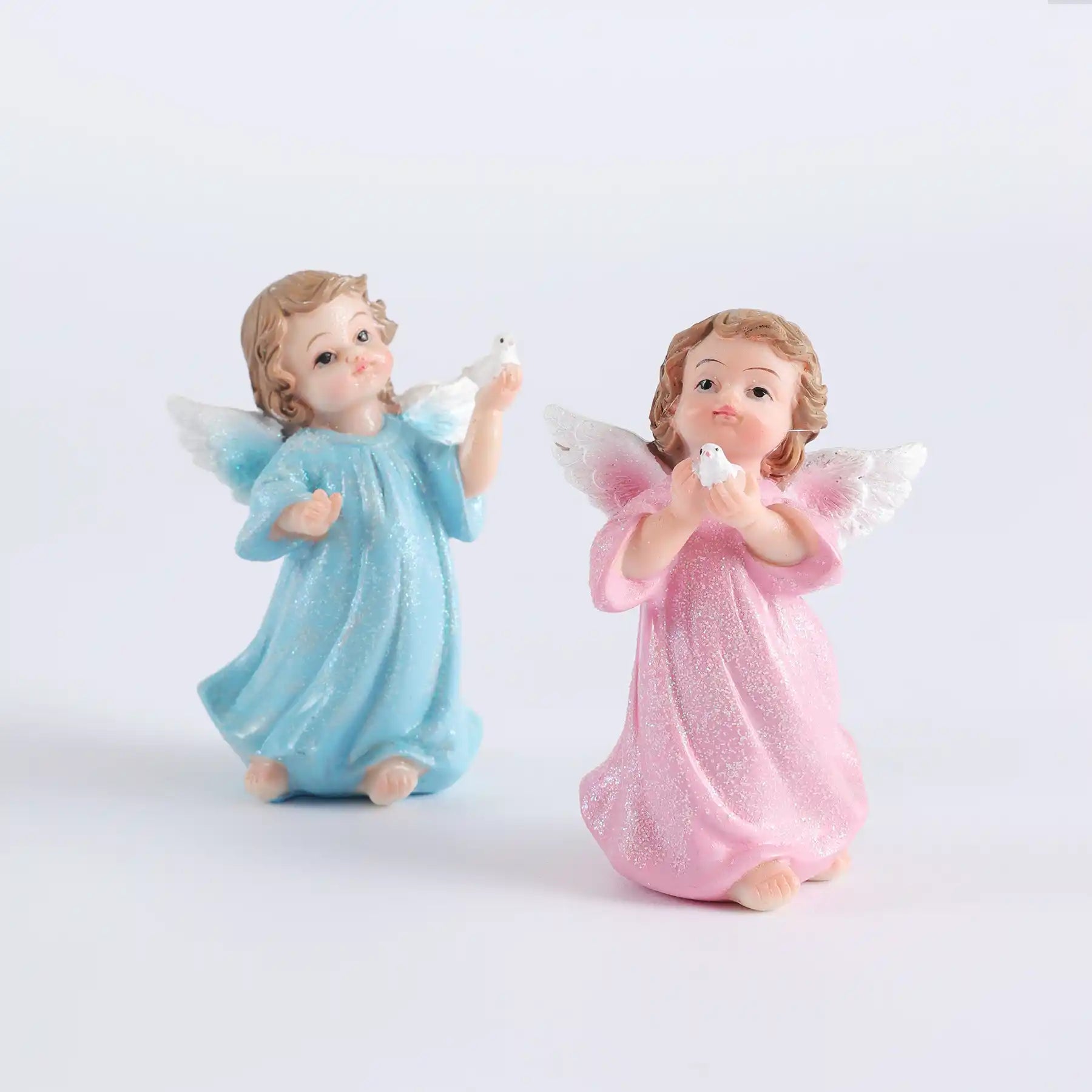Angel Statue Set of 2 - blue & pink Glitter Cherub Figurines with Dove， statue dimensioning (display 11)
