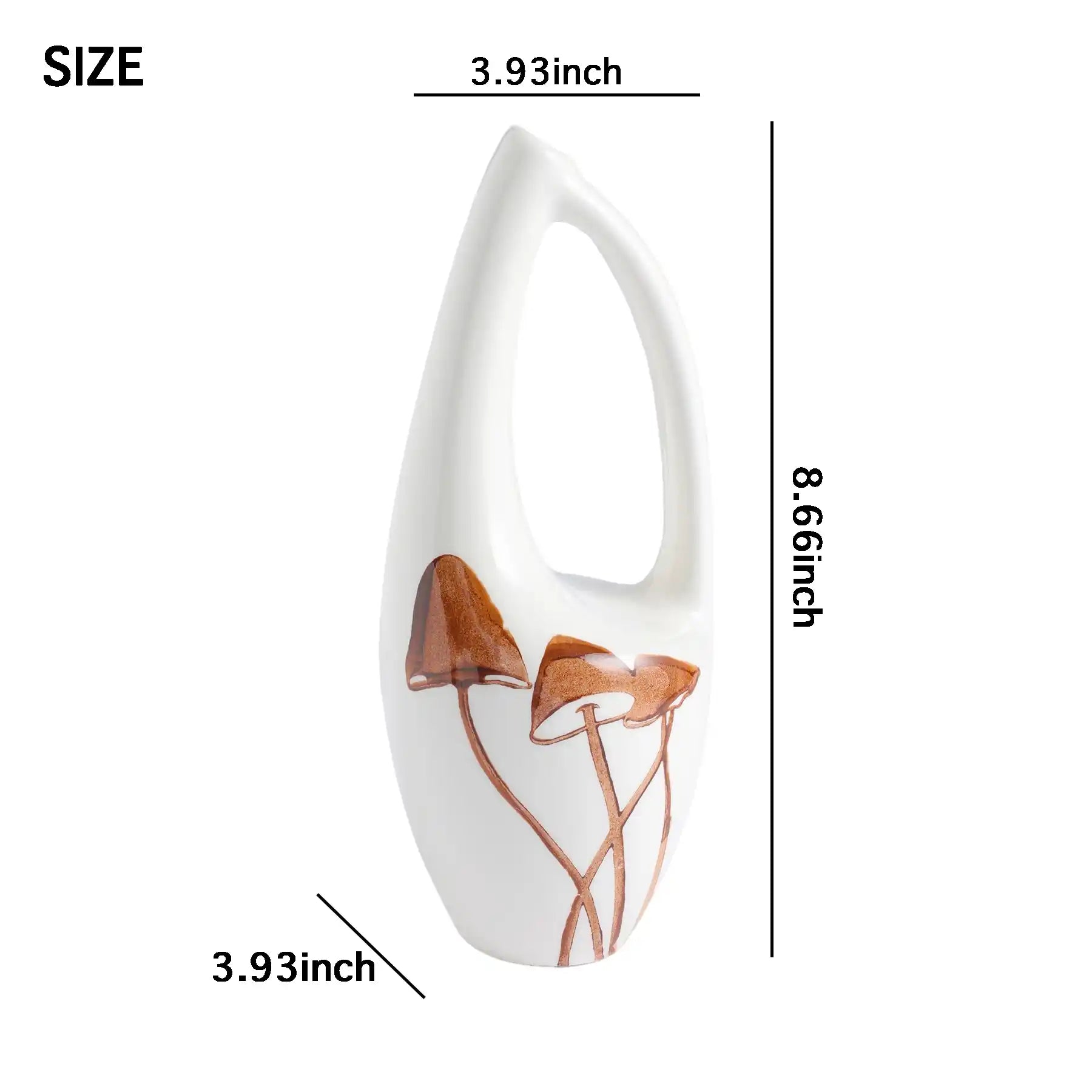 Unique White Ceramic Vases with Hand-Printed Mushroom, vase size dimensioning (display 2)