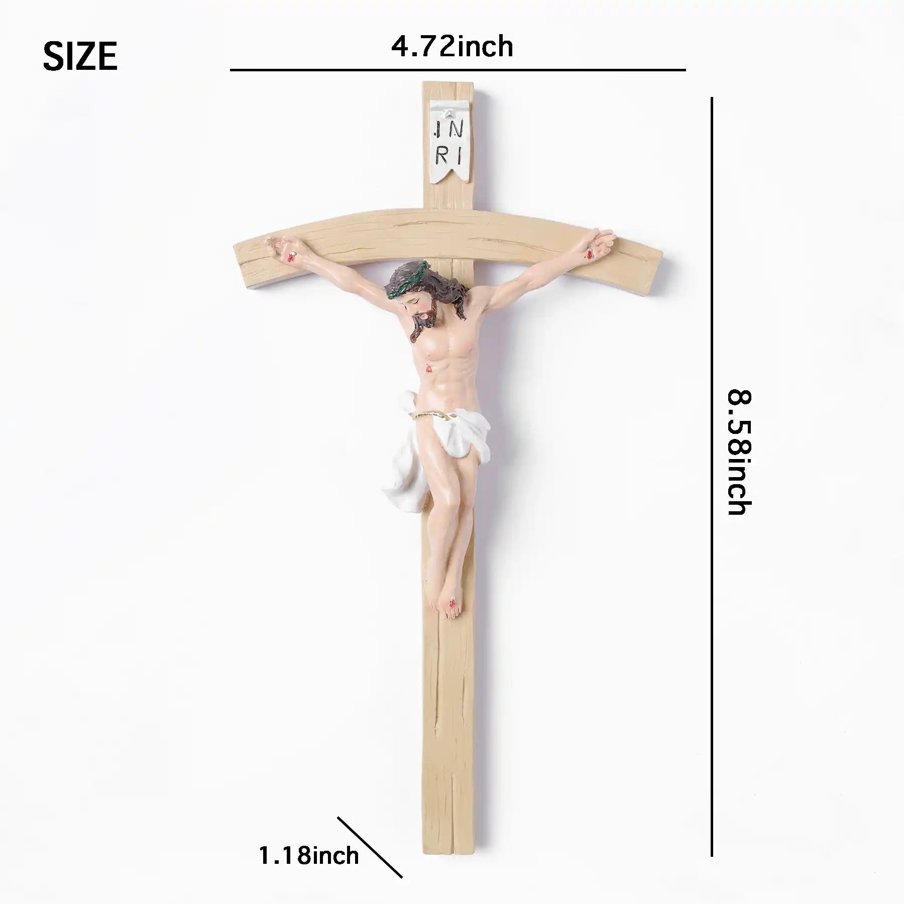 Realistic Wall Crucifix 13", Jesus Christ on Cross with INRI, small size statue dimensioning (display 10)