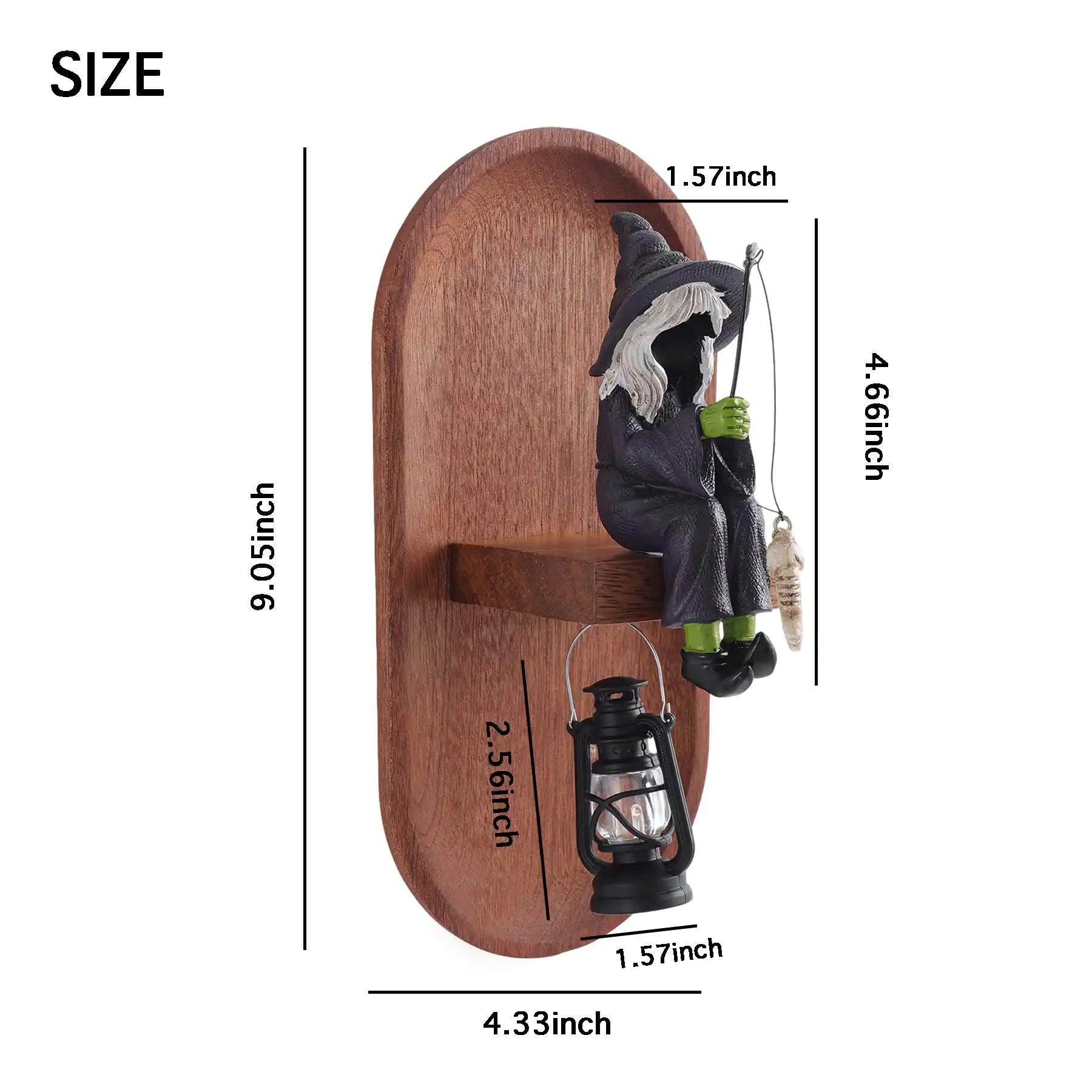 Fishing Witch 3d Wall Sculptures with Wooden Base & Lamp, size dimensioning (display 5)